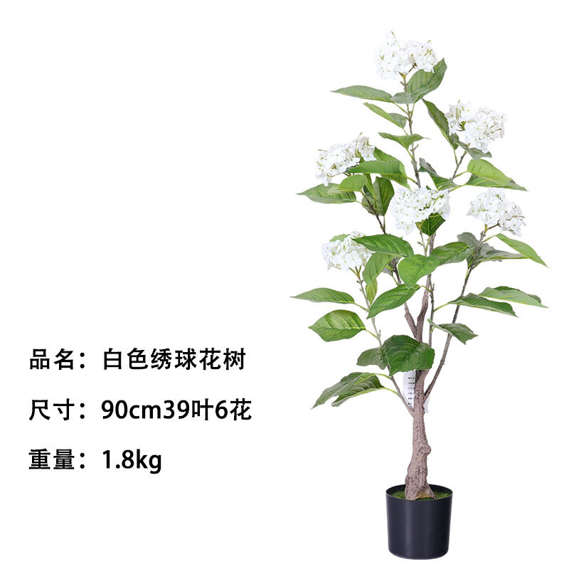 Arbre hortensia blanc, 90 cm de haut (39 feuilles, 6 fleurs)