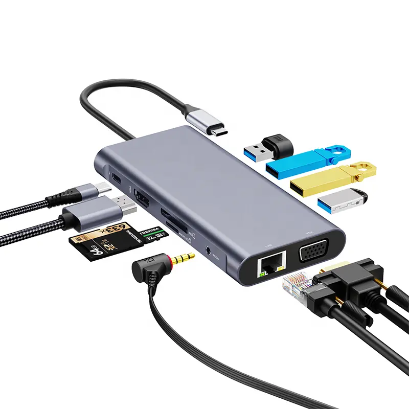 11 in 1 USB C Hub Typ C auf 4K HDMI VGA Gigabit Ethernet SD TF Karte Solt 5 Gbits USB 3.0 Hub Dock mit 100 W PD Ladegerät