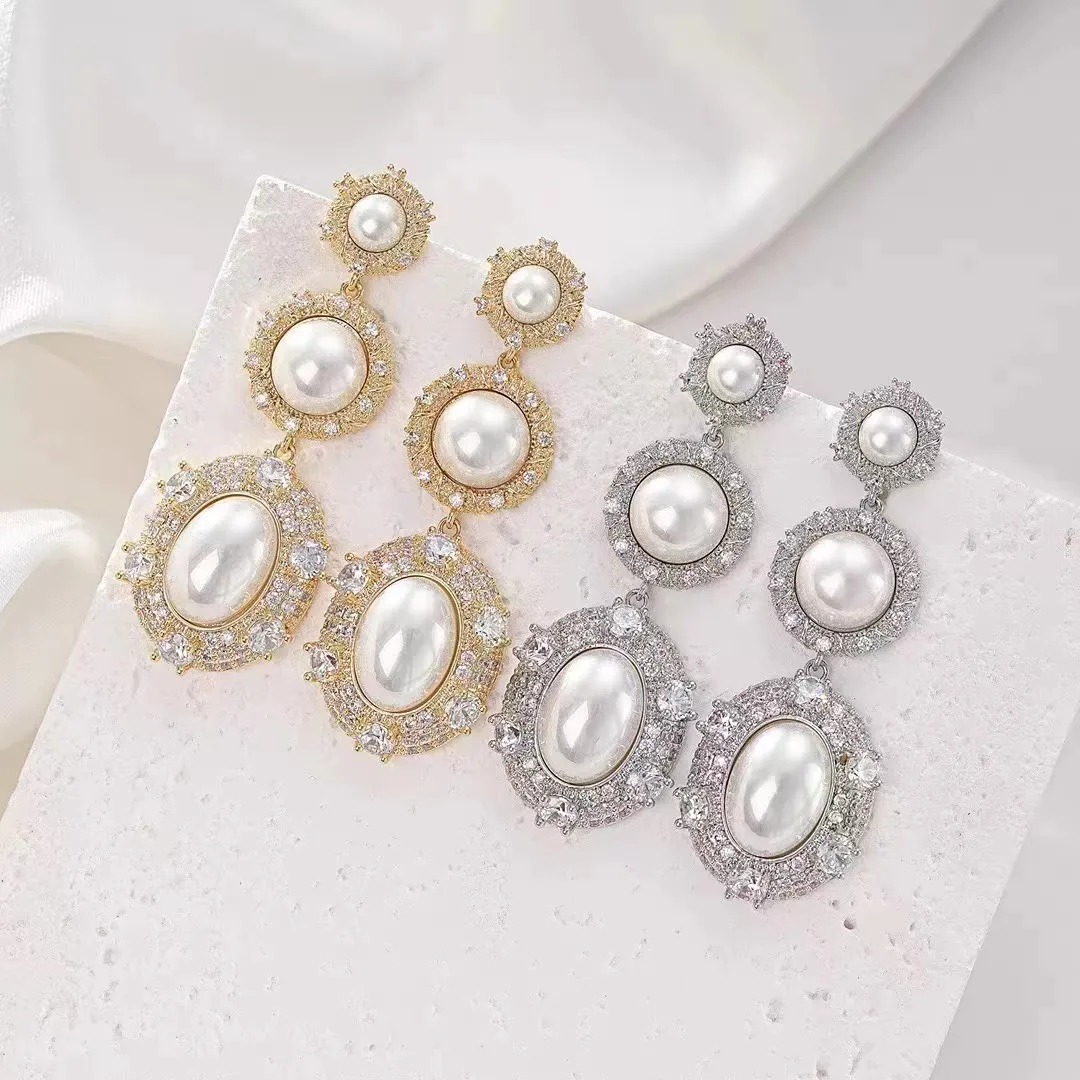 Pendiente nupcial de lujo estilo boda con perla pendiente de circonita cúbica