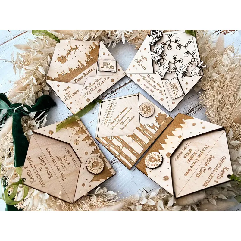 Wooden wish card box 3d envelope Christmas decorations neutral wood crafts home decor new year pendants letter to Santa ornament