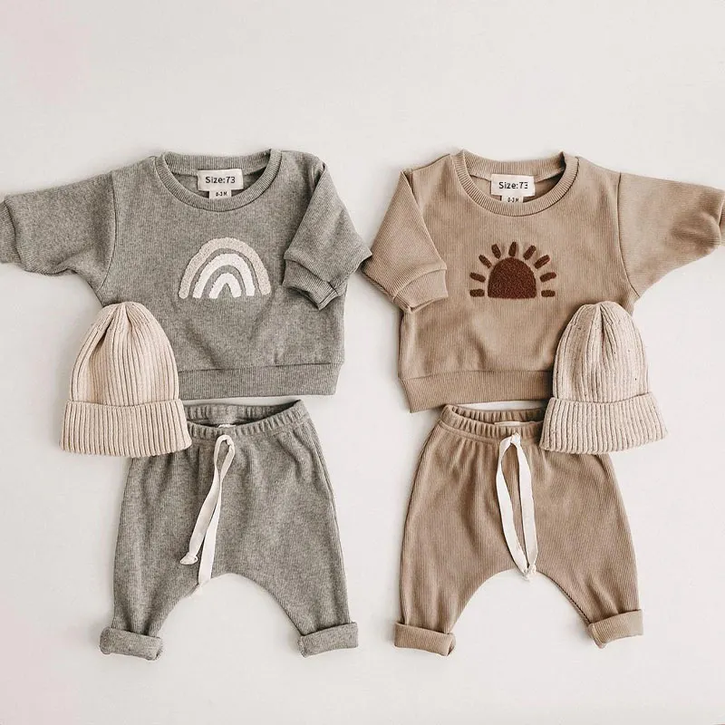 Atacado Baby Cotton Sweater Kids Clothing Set 3pcs Infant Knitted Baby Boy Girls Clothes Algodão Long-sleeved Sweatshirts Calças