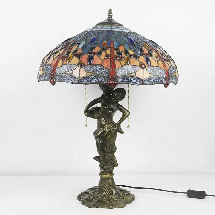 LongHuiJing, 18 дюймов, цветная стеклянная лампа в виде стрекозы Тиффани, настольная лампа из античного Витражного Стекла, Классические настольные светильники в античном стиле
