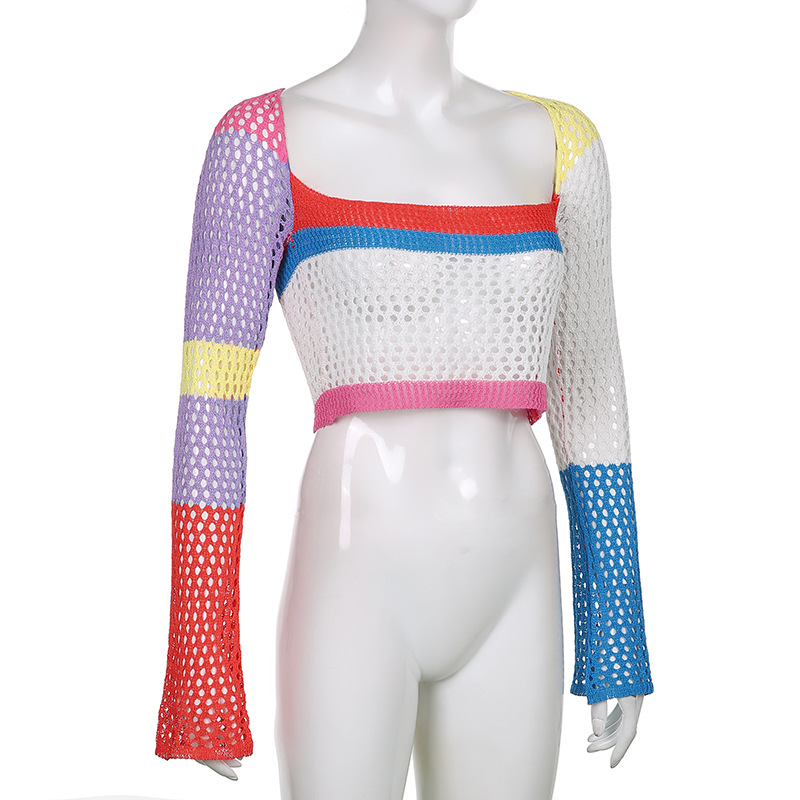 ZJ1327 Knitted Long Sleeve Crop Top Women Beach Y2K Autumn Summer Patchwork Vintage Green Casual T Shirts Sexy Fashion