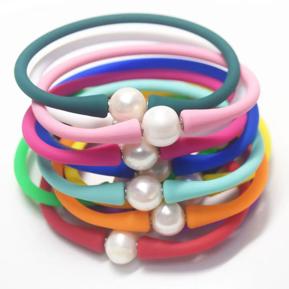 Braccialetto in silicone multi colori hawaiani e perle d'acqua dolce ciondolo in silicone bracciali e collane gioielli
