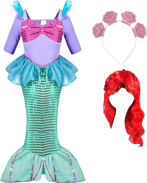 Fancy Dress Creations Deluxe Mermaid Costume Cosplay Fiesta de Halloween Carnival Outfit Set con peluca roja y diadema