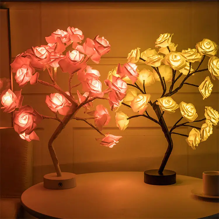 USB ve pilli LED için gül masa lambası romantik çiçek gece lambası düğün yatak odası dekorasyon Bonsai ağacı ışık