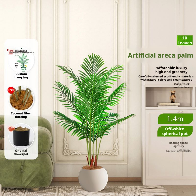 Palmier Areca vert 140CM 10 tiges 10 feuilles rondes beiges