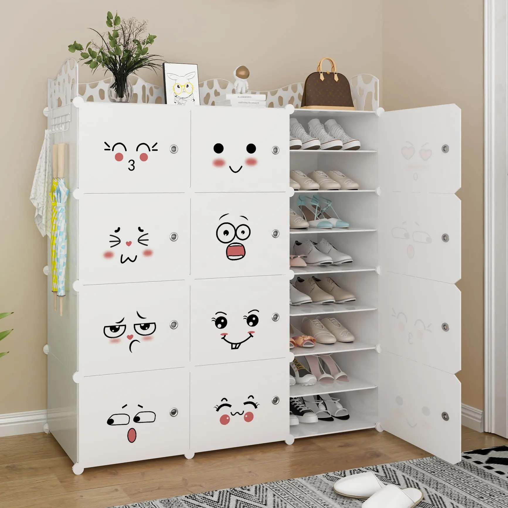 Organizador de zapatos de plástico abs Simple, estante de almacenamiento blanco con puertas, plástico, plegable