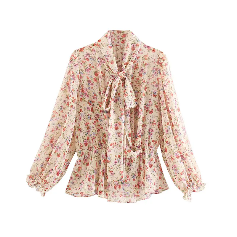 Camisas con estampado floral de estilo occidental para mujer, Blusa de gasa informal de manga larga con lazo, S3033C