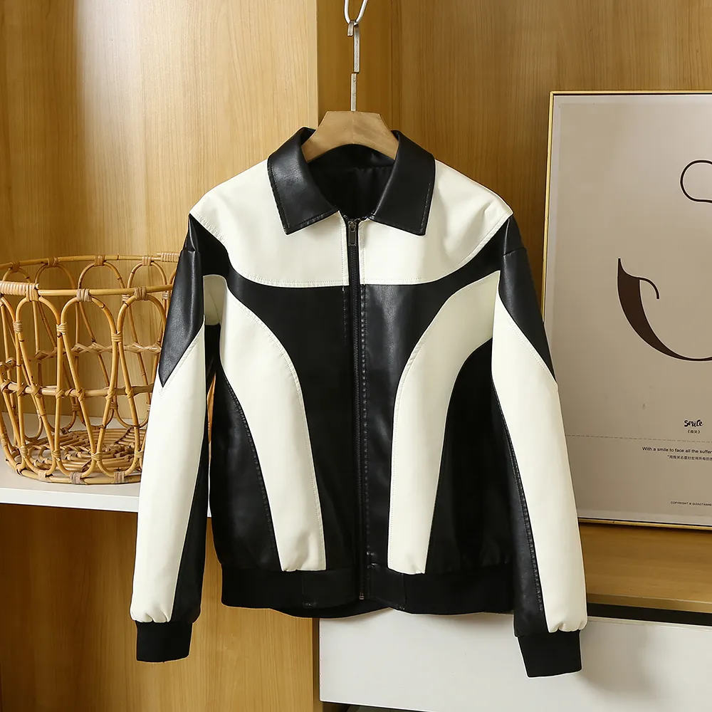 Осенне-зимняя винтажная мотоциклетная стильная кожаная куртка с лацканами для мужчин черно-белая подходящая цветная модная винтажная куртка