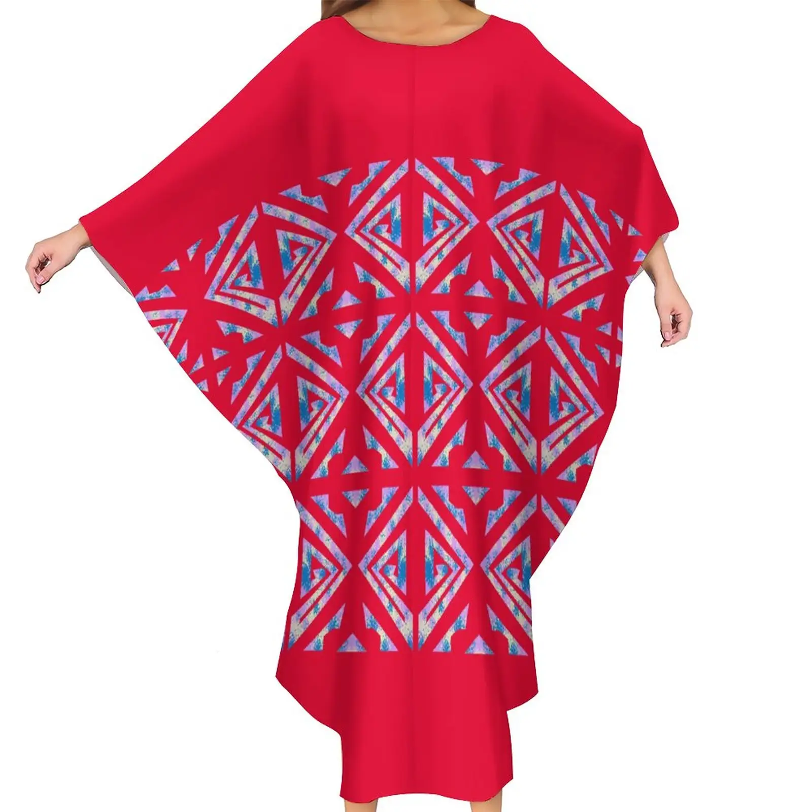 प्रशांत द्वीप कला लाल मुफ्त आकार बरसती शाल पोशाक सुरुचिपूर्ण टोंगा पोलेनीशियाई Batwing आस्तीन महिलाओं के वस्त्र कफ्तान आरामदायक कपड़े