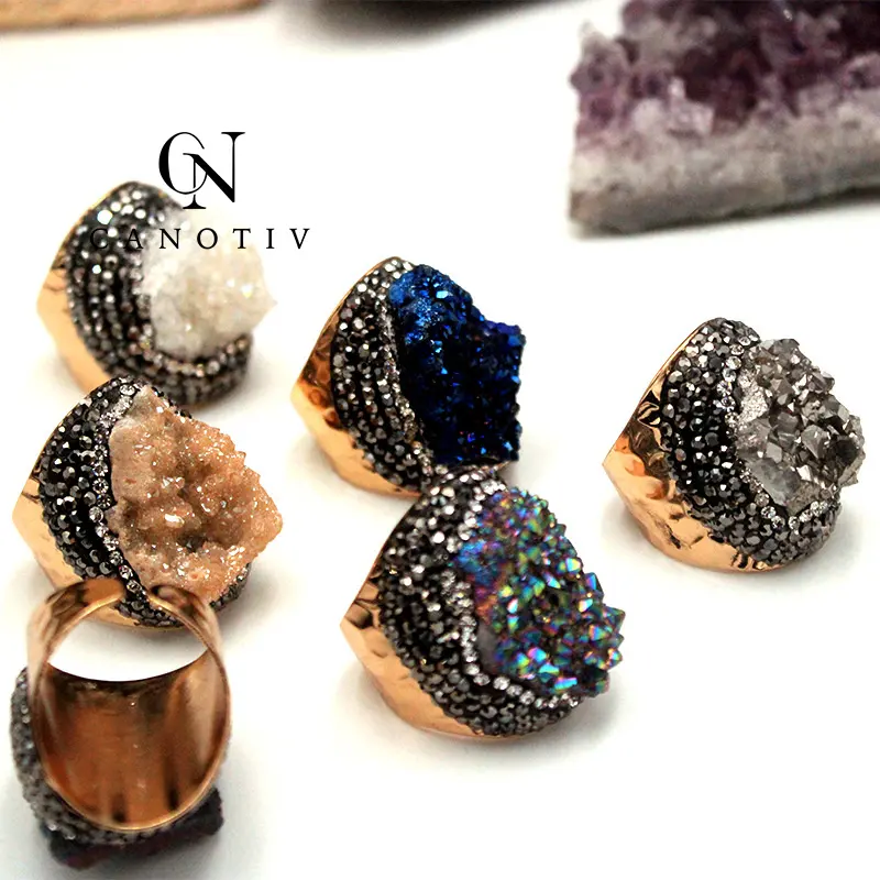Fashion Charms Multi Colors Druzy Agate Healing Crystal Ring Jewelry Natural Raw Stone Ring