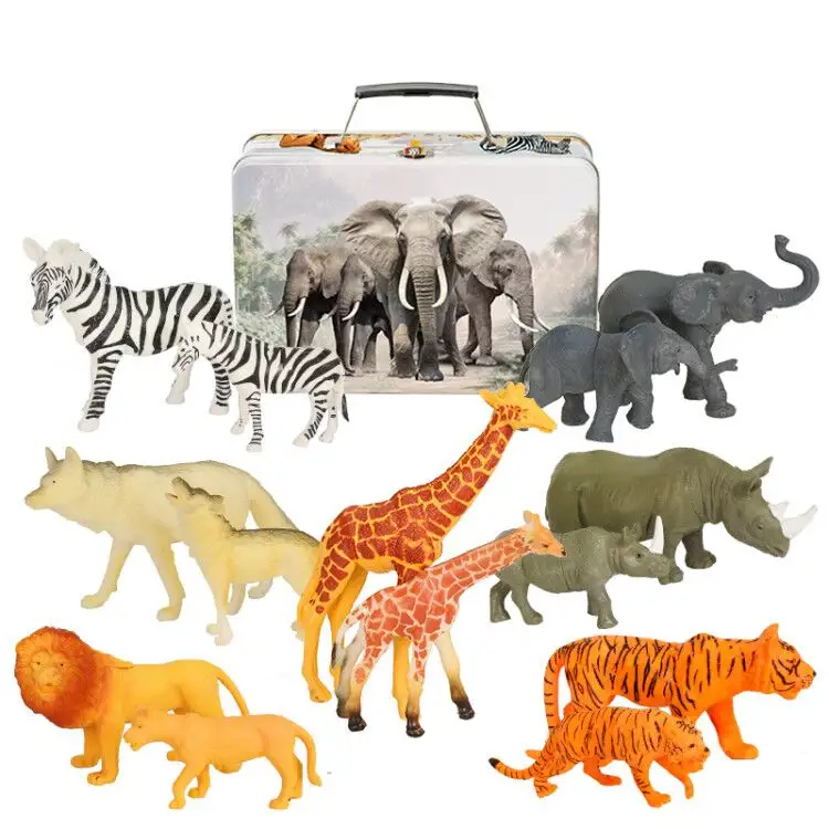 Teneke kutu ambalaj Safari hayvanlar oyuncak gerçekçi plastik vahşi hayvanat bahçesi hayvanlar çocuk koleksiyonu