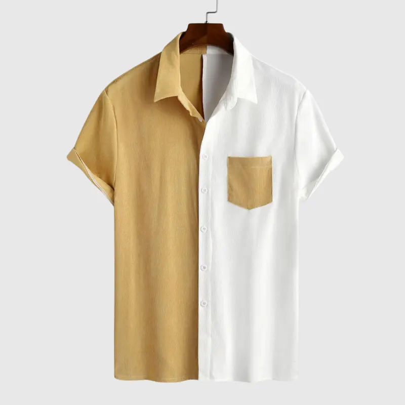 الجملة الرجال عارضة زر على الموضة أسفل طية صدر السترة طوق بلون رقيقة قصيرة الأكمام قميص Colorblock الملمس كودري قميص
