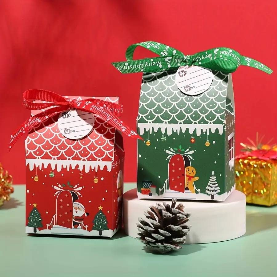 Bulk pequeno vermelho bonito papel caixa doces chocolate embalagem casa forma Natal presente casamento dragees caixa com fita arco