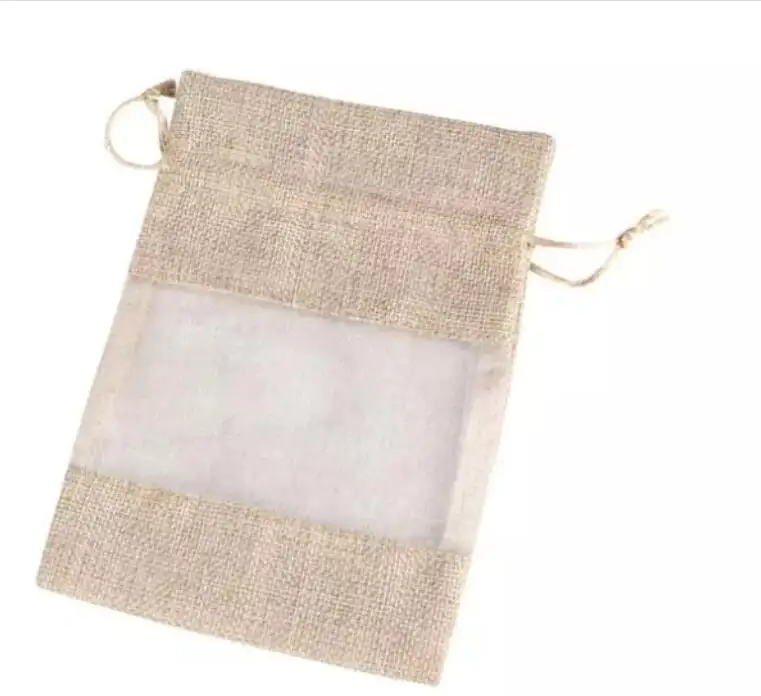 burlap small drawstring gift pouch with window,jute organza promotional gift drawstring bag, 10*14 cm jute drawstring pouch