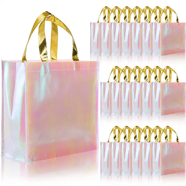 Özel holografik düğün parti Favor hediye çantası parlak kullanımlık pembe yanardöner dokuma olmayan bez çanta kadınlar için kolları ile