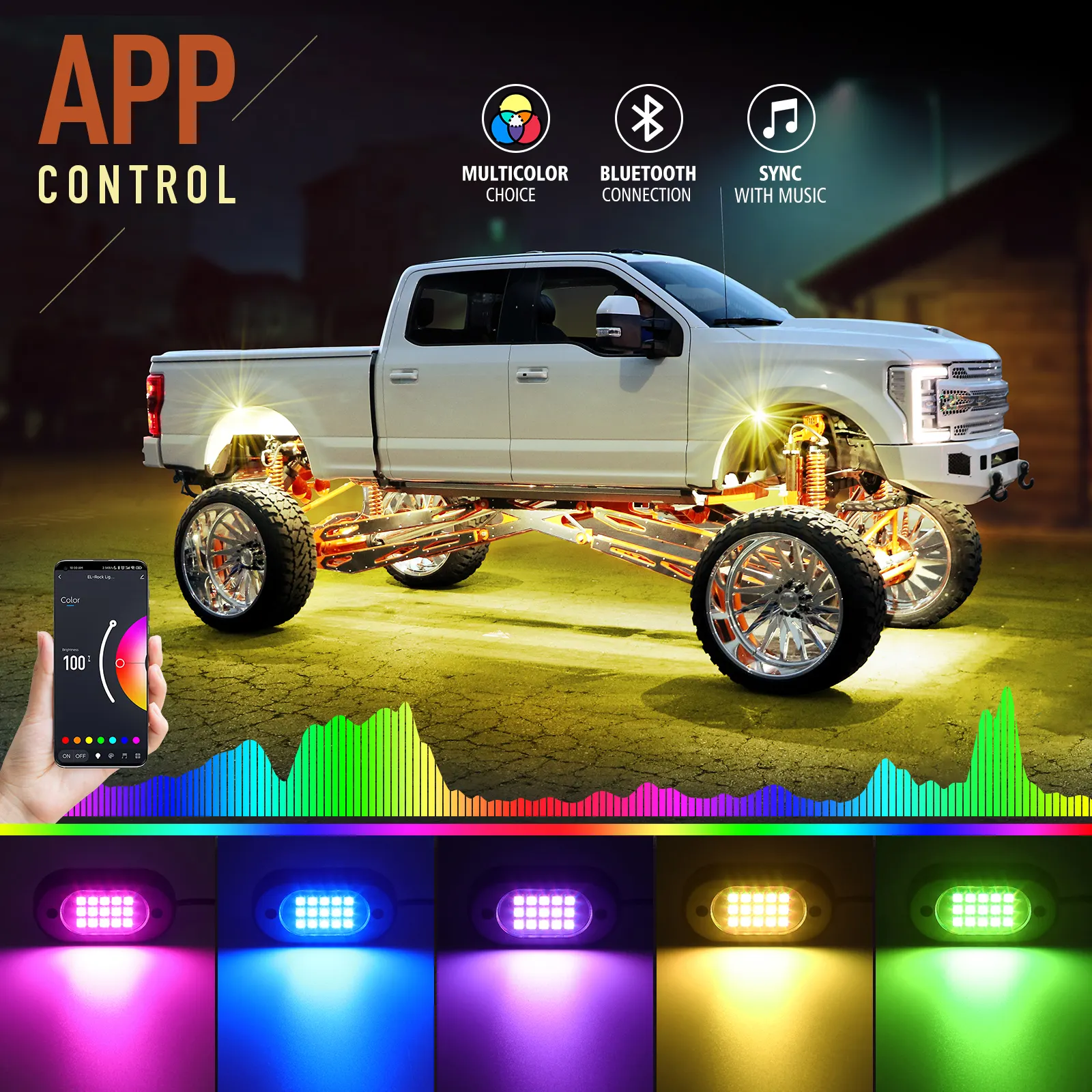 YiLaie Kit multicolorido Underglow com controle de aplicativo e sincronização de música RGB Car Rock Neon Light 12 vagens LED Rock Light para SUV ATV Truck