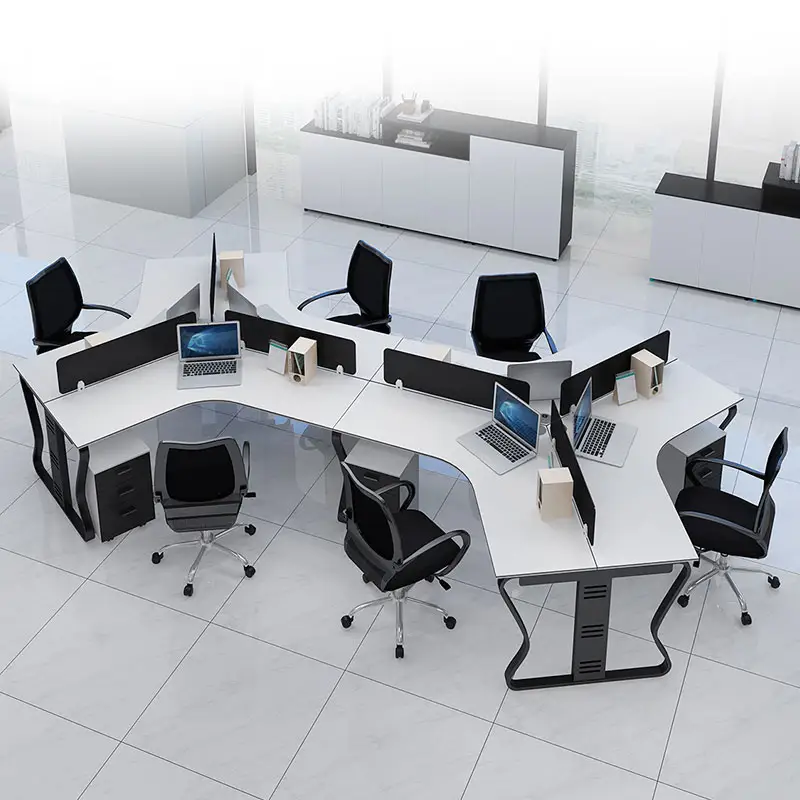 Meja staf/meja kerja bentuk Desktop partisi kantor Modular pegawai stasiun kerja 120 derajat L minimalis Khusus kayu Modern