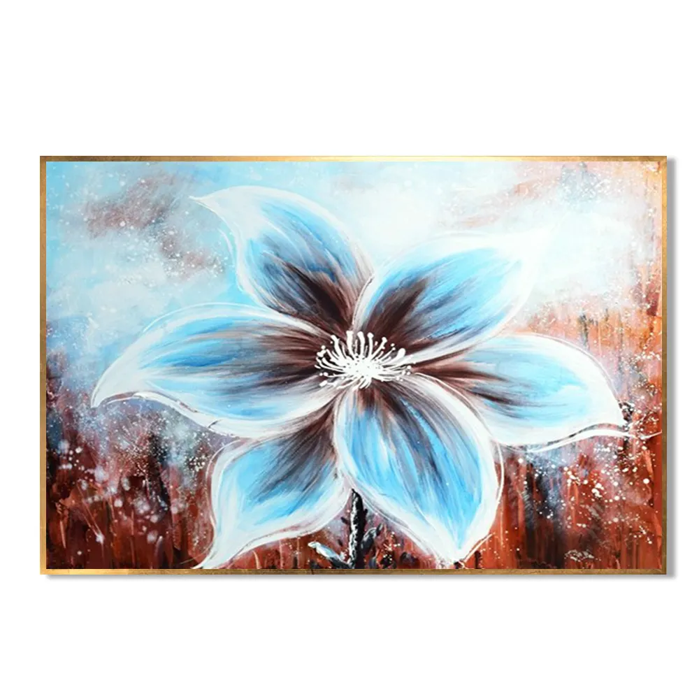 Nuevo estilo 100% pintado a mano moderno flor grande pintura al óleo sobre lienzo para decoración de dormitorio hecho a mano flor azul colgar pintura