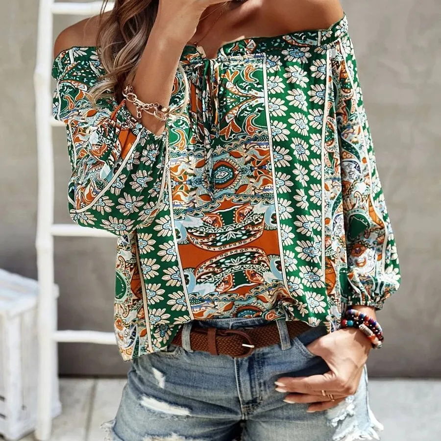Sexy Vintage Ruffles Tops Chic Bohemian Floral Printed V-neck Long Sleeve Off Shoulder Casual Femme Blouse Shirt Befree Boho