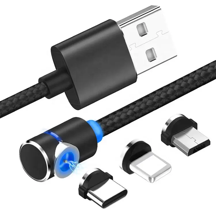 Kabel Pengisi Daya USB Magnetik 3 In 1, Permainan Nyaman Sudut Kanan 90 Derajat Siku Bentuk L 8pin Tipe C LED Mikro 3 In 1