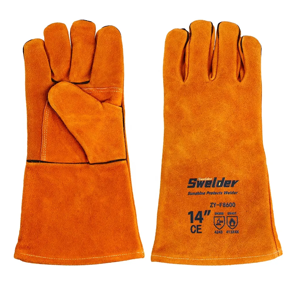 Swelder ถุงมือ EN407 EN388พร้อมซับในทำจากผ้าฝ้ายสีเหลือง14นิ้ว