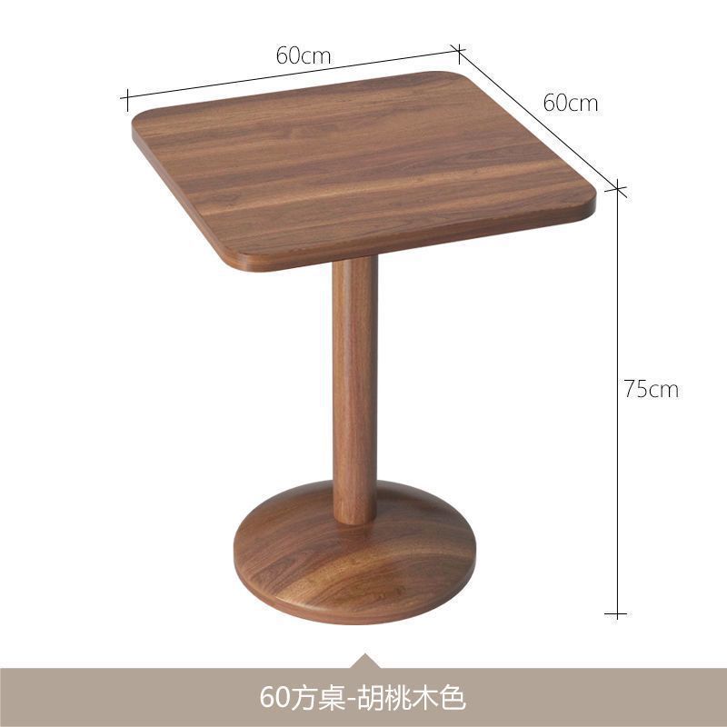 A set of rosewood-colored square tables with upright pillars.