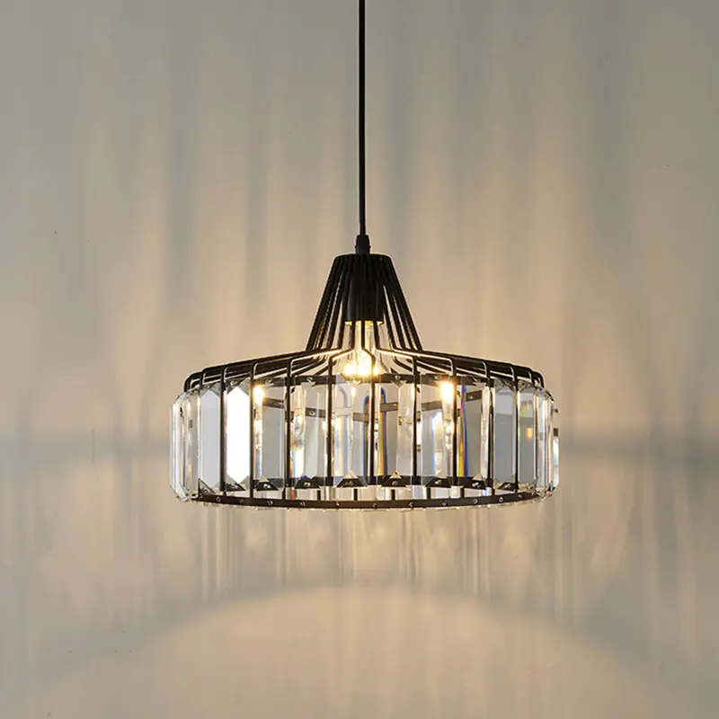 Modern E27 Gold Black Iron Crystal Circle Lamp Art Pendant Light Fixture For Kitchen Island