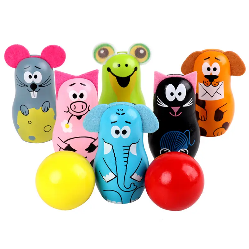 WOODEN MINI BOWLING BALL SET Cartoon Animal Shape Ball Game Kids Outdoor Sport Toys For Color Digital Cognition