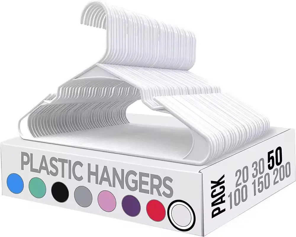 Perchas de lavandería de plástico blanco ligeras en línea más vendidas, ahorran espacio y son duraderas para uso en armarios y baños