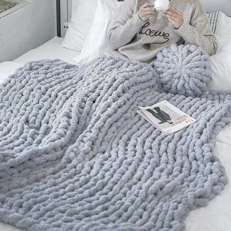 Nieuwe Producten Zachte Natuur Handgemaakte Luxe Gebreide Throw Chunky Chenille Gebreide Deken