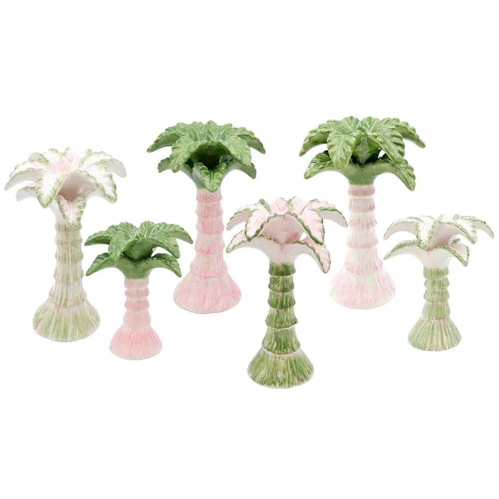 Decorazione per la casa di lusso su misura rosa chiaro verde conico candelabro con supporto dettagliato in ceramica per palme