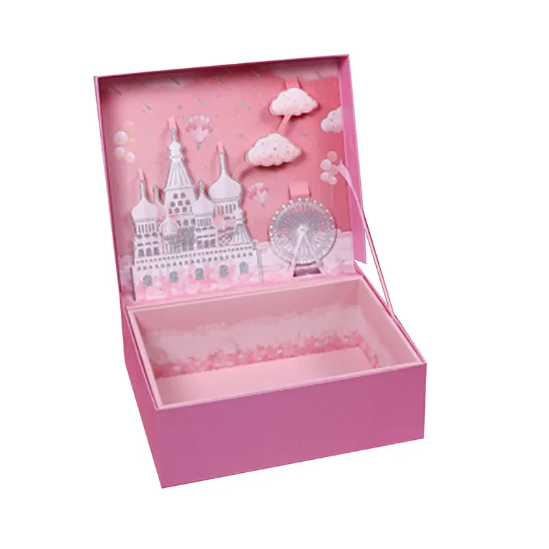Pink Diorama creativo 3D dibujos animados lindo de gama alta logotipo personalizado papel telescopio caja de regalo colección con tapa para cumpleaños de San Valentín