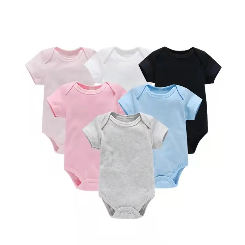 Özel Logo yenidoğan giysileri 0-1 yaşında düz renk tulum erkek ve kadın bebekler için kısa kollu tırmanma takım elbise