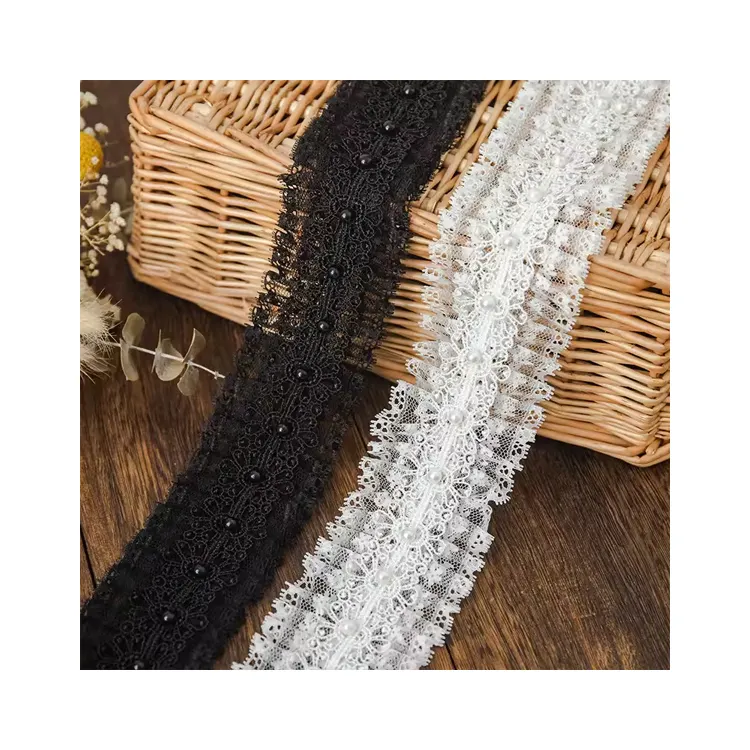 Larghezza 6cm pieghettato nero bianco maglia ricamo accessori di abbigliamento in pizzo per gonna scollo maniche decorazione fai da te