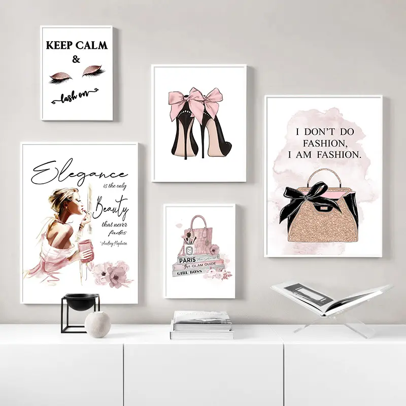 Affiche d'art de mode rose sac à talons hauts de luxe toile imprimée peinture murale Salon de beauté décoration de chambre de filles image créative