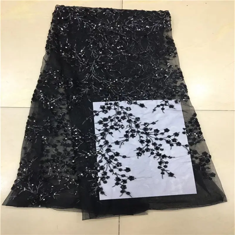 100% polyester sequin dentelle tissu noir sequin brodé dentelle créateurs de mode tissus pour robe de mariée