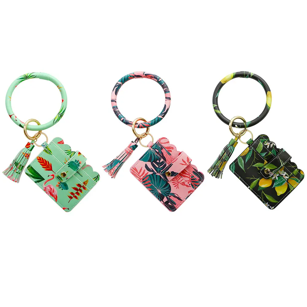Billetera de cuero Pu con estampado Floral para mujer, billetera con borla, pulsera de mano, soporte para coche, accesorios, llavero