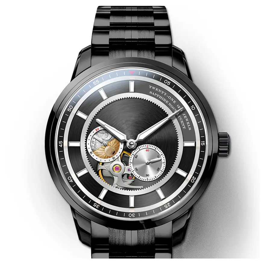 Relógio mecânico masculino de aço inoxidável, esqueleto de pulseira sólida personalizado 24 horas mostrando movimento miyota