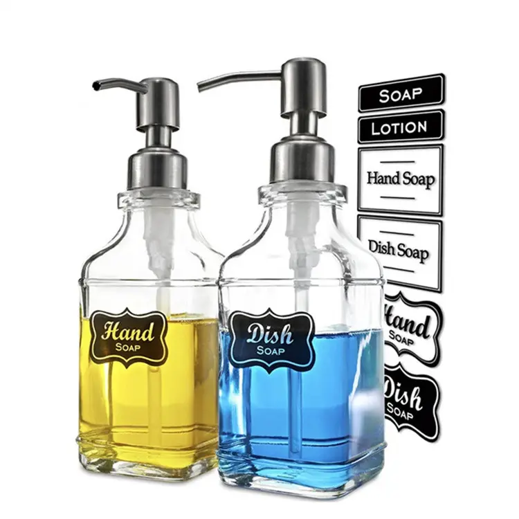 Distributeurs carrés de savon à main en verre épais 10oz 18oz, bouteille de désinfectant pour les mains en verre avec pompe en acier inoxydable à vendre