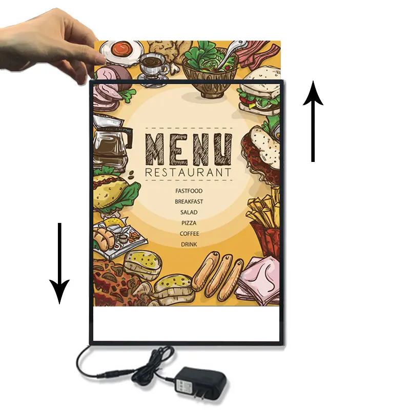 Boîte à lumière LED A4 pour menu Restaurant Cinéma Marketing Forme personnalisée Cadre d'affichage suspendu Publicité extérieure