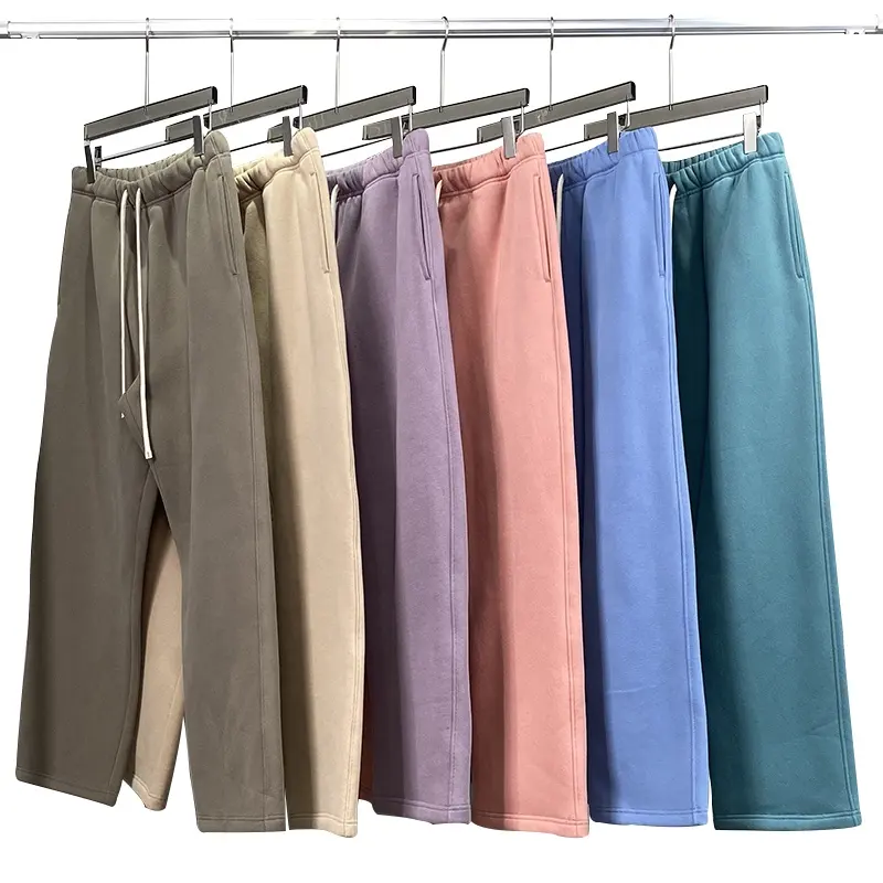 Geniş bacak ter pantolon Unisex ağır koşucu pantolonu bacak Sweatpants açık Hem yüksek kalite erkek boş özel düz pamuk