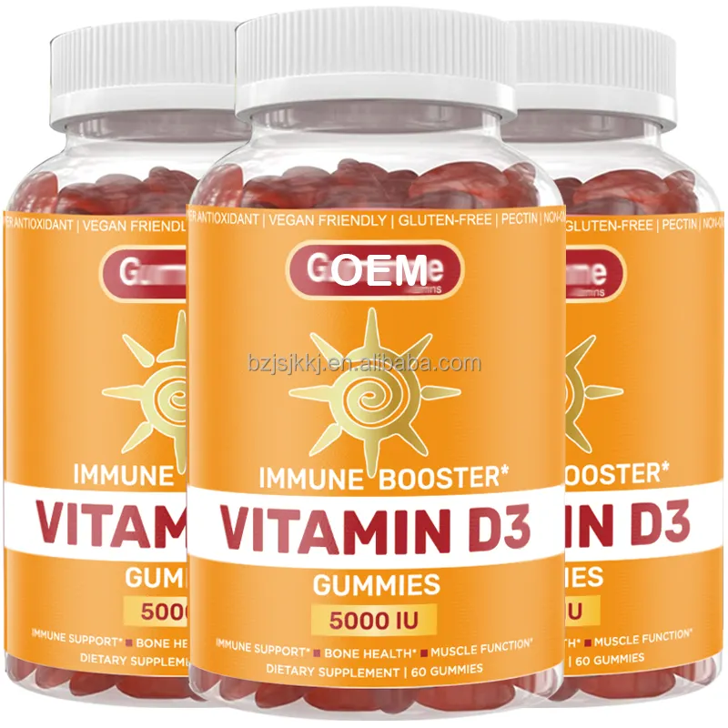 Suplemento de vitamina D 5000 UI para adultos, gomas de vitamina D à base de pectina, sabor natural de laranja óssea