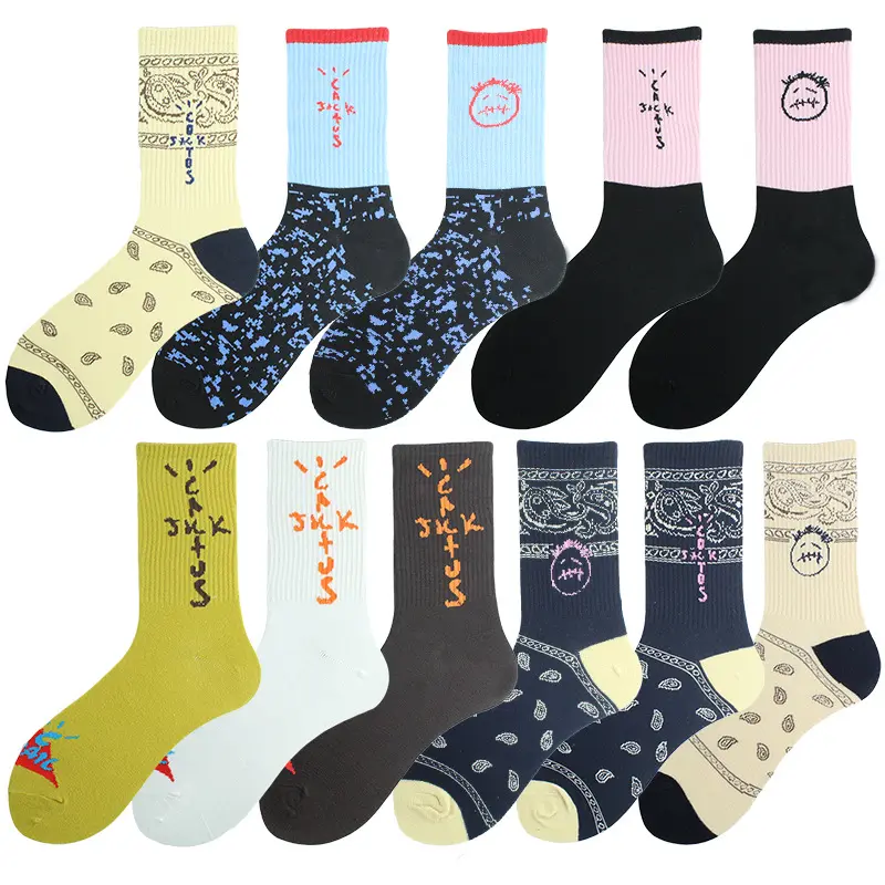 Neue Herren Crew Cactus Jack Socken aus reiner Baumwolle Travis Sport Hip Hop Skateboard Weiß Gelb Schwarz Socken Großhandel