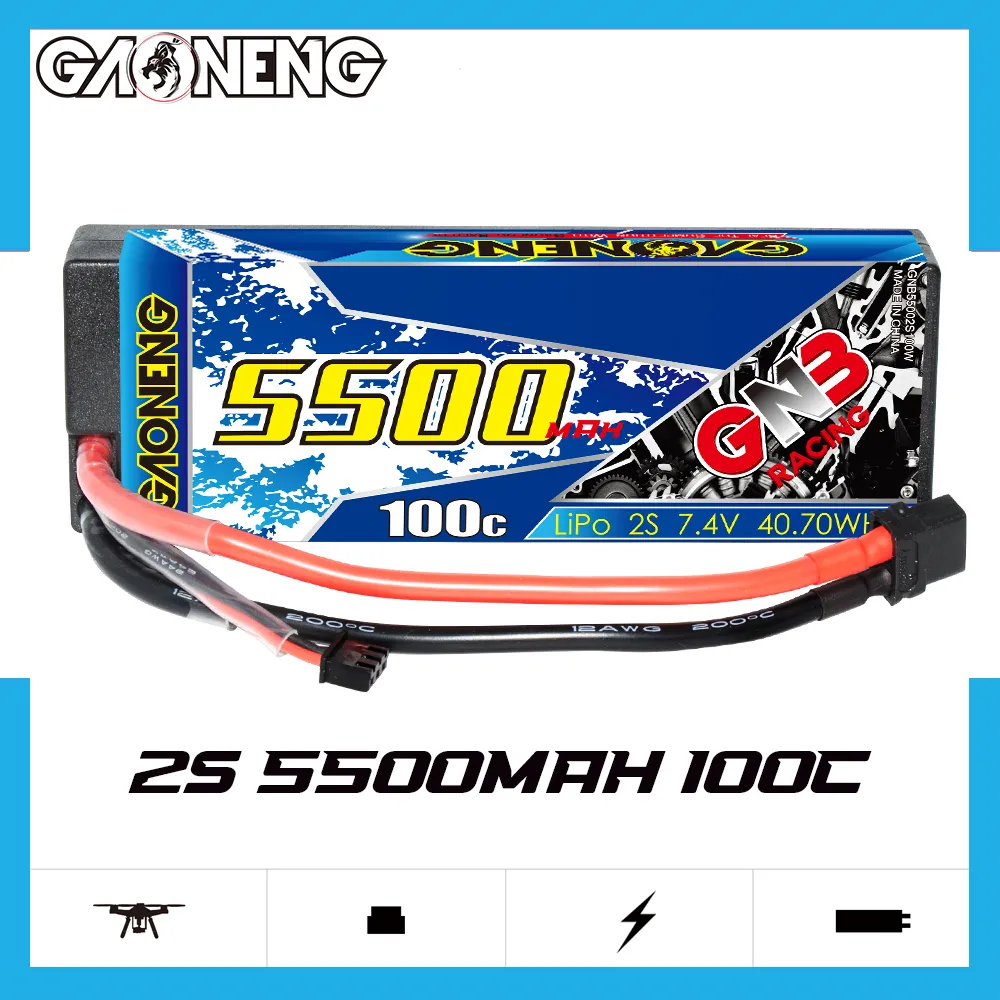 Жесткий чехол GNB GAONENG 5500 мАч 2S 7,4 В 100C 200C с кабелем XT60 RC LiPo Аккумулятор для радиоуправляемого автомобиля Baot 1:10 1/10 обновленный с 5000 мАч 5200 мАч