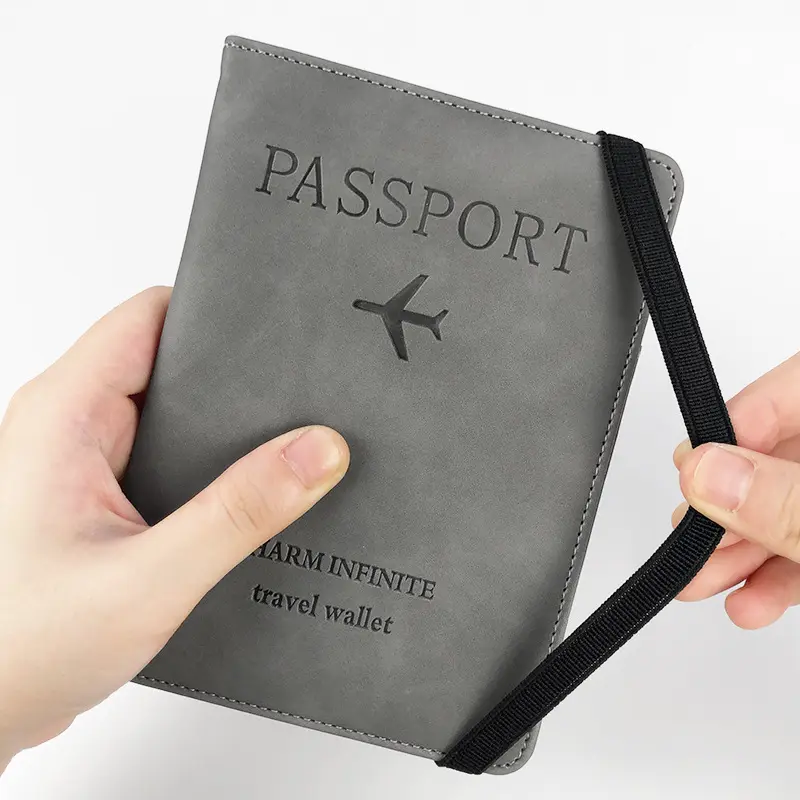 Dompet kartu penutup ikat elastis pemblokir RFID kulit pu tempat kartu kasus pengatur dokumen perjalanan tekstur kulit tempat paspor
