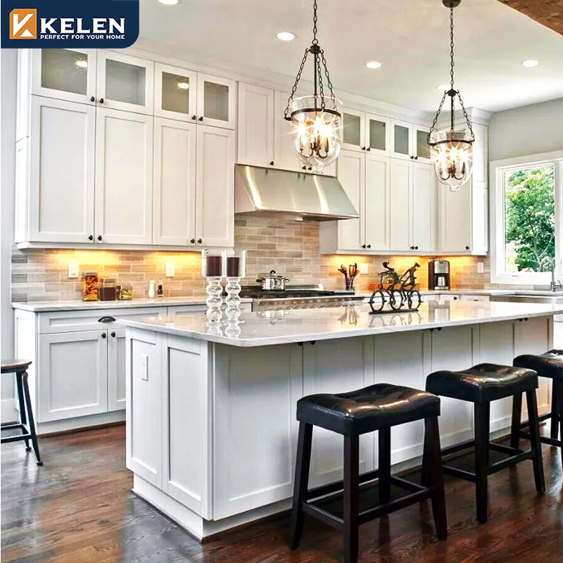 Kelen 2024 custom pine prefabricated furniture supplier base modern island designs white solid wood shaker kitchen cabi