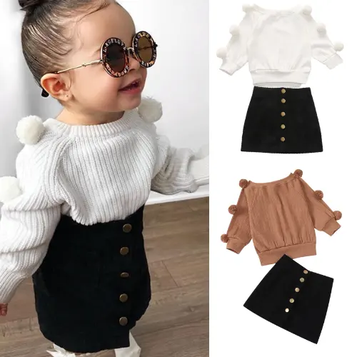 Conjunto de 2 piezas de falda para niña, suéter de punto con pompón, Tops, minifalda, vestido de otoño e invierno, ropa de Navidad para bebé