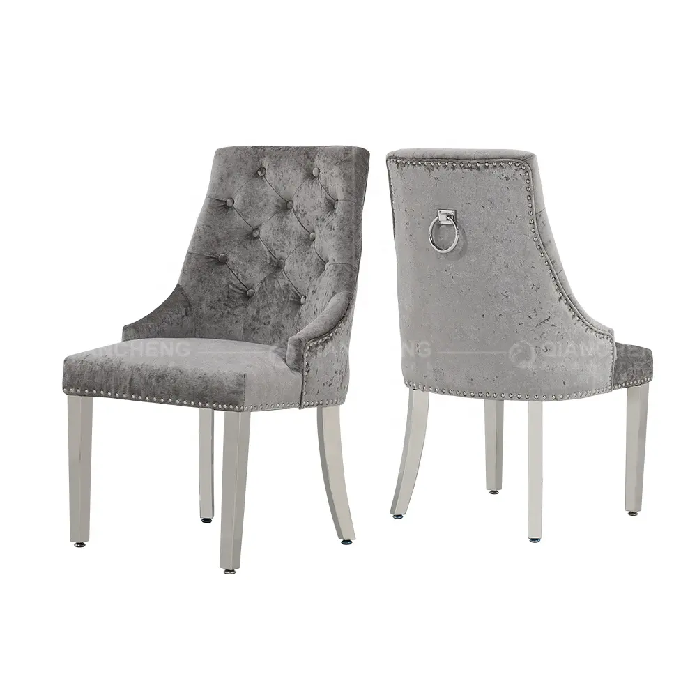 Sedia da pranzo minimalista italiana in acciaio al carbonio con schienale alto fantasia in acciaio inossidabile con schienale rotondo sedia da pranzo con braccio in tessuto di velluto grigio